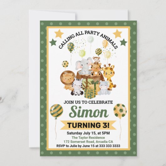 水彩ジャングルサファリアニマルズ子供の誕生日 招待状 (正面)