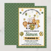 水彩ジャングルサファリアニマルズ子供の誕生日 招待状 (正面/裏面)