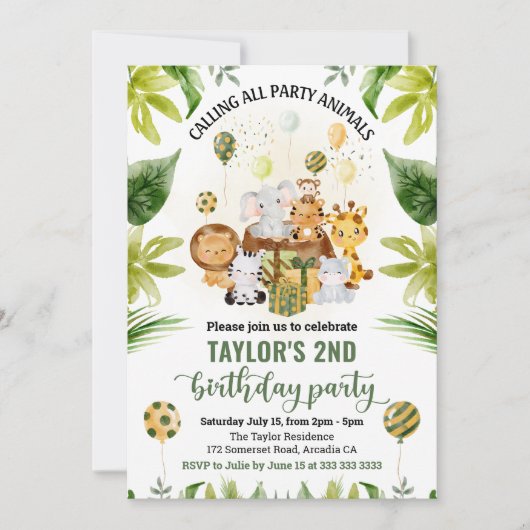 水彩ジャングルサファリアニマルズ子供の誕生日 招待状 (正面)