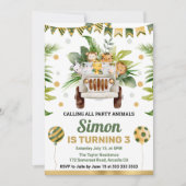 水彩ジャングルサファリアニマルズ子供の誕生日 招待状 (正面)