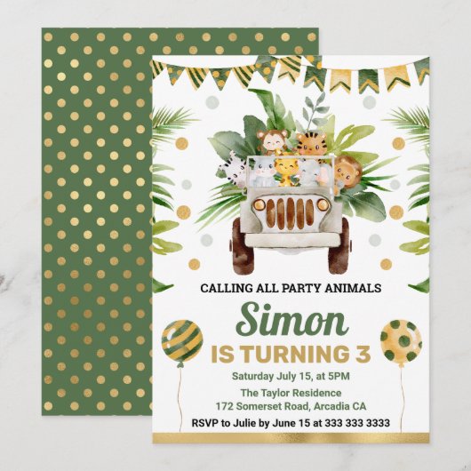 水彩ジャングルサファリアニマルズ子供の誕生日 招待状 (正面/裏面)