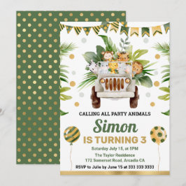 水彩ジャングルサファリアニマルズ子供の誕生日 招待状
