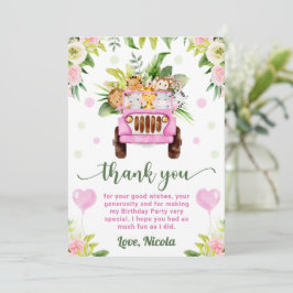 水彩ジャングルサファリ動物の女の子の誕生日 サンキューカード