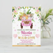 水彩ジャングルサファリ動物の女の子の誕生日 招待状 (スタンド正面)