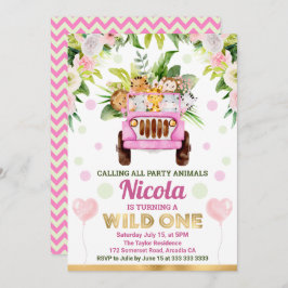 水彩ジャングルサファリ動物の女の子の誕生日 招待状