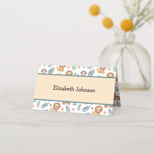 水彩ジャングルサファリ動物トロピカル離れ動物 プレイスカード (正面)