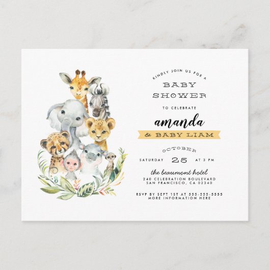 水彩ジャングル動物オレンジベビーシャワー インビテーションポストカード (正面)