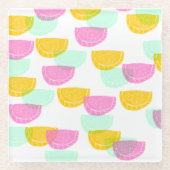 水彩スイカピンク緑イエローパターン ガラスコースター (正面)