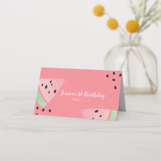水彩スイカ誕生日シーズピンクテント プレイスカード (正面)
