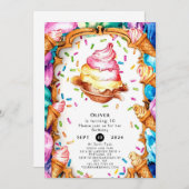 水彩スイートスコップアイスクリーム誕生日 招待状 (正面/裏面)