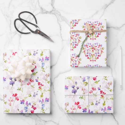 水彩スイートピースかわいらしフローラ ラッピングペーパーシート (正面)