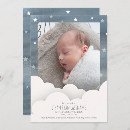 水彩スカイクラウドベビー統計フォト誕生 案内状 (正面/裏面)