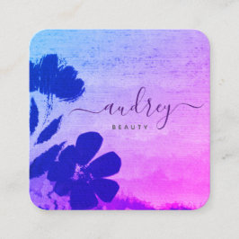 水彩スカイブルーとピンクのフローラ スクエア名刺
