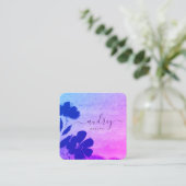 水彩スカイブルーとピンクのフローラ スクエア名刺 (スタンド正面)
