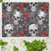 水彩スカルとバラ赤灰色 キッチンタオル (折り畳み)
