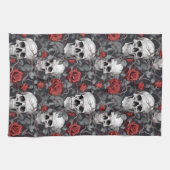 水彩スカルとバラ赤灰色 キッチンタオル (横)