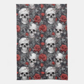 水彩スカルとバラ赤灰色 キッチンタオル (縦)