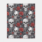 水彩スカルとバラ赤灰色 フリースブランケット (正面)