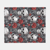 水彩スカルとバラ赤灰色 フリースブランケット (正面(横))