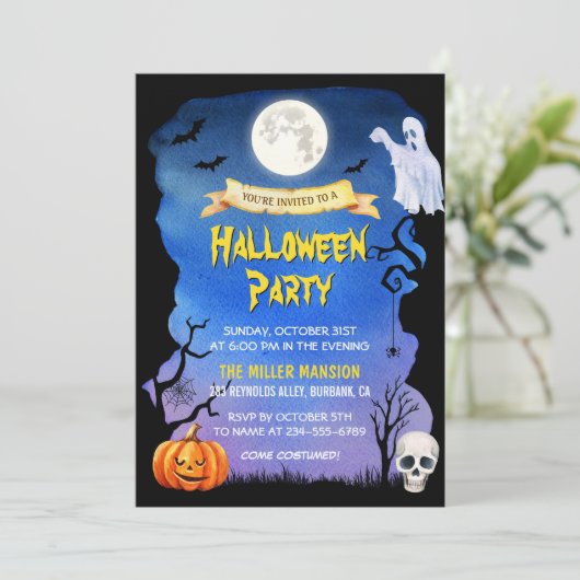 水彩スカルカボチャ不気味ハローウィンパーティ 招待状 (スタンド正面)