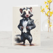 水彩スカンク タキシード 黒タイ ハンカチーフ カード (黄色い花)