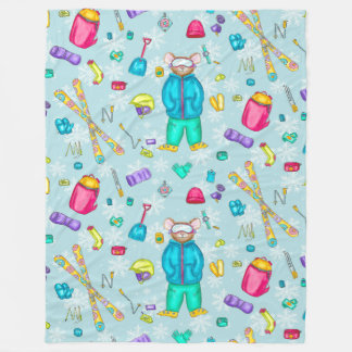水彩スキーギア付き青い雪 フリースブランケット