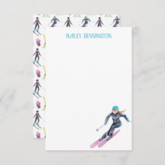 水彩スキーパーソナライズされた サンキューカード (正面/裏面)