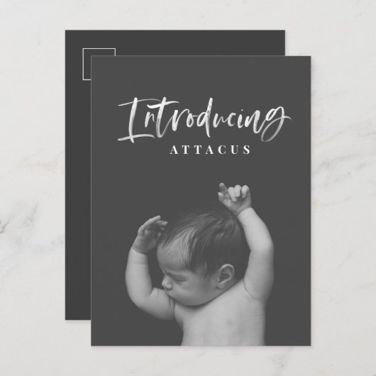 水彩スクリプト文字写真の誕生発表 案内ポストカード (正面/裏面)