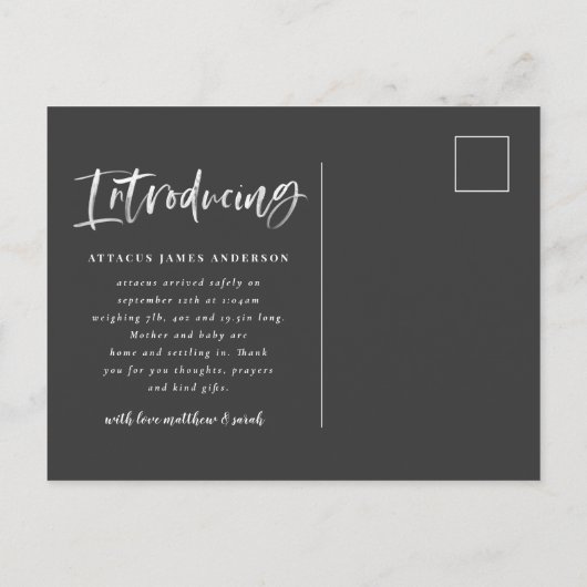 水彩スクリプト文字写真の誕生発表 案内ポストカード (裏面)