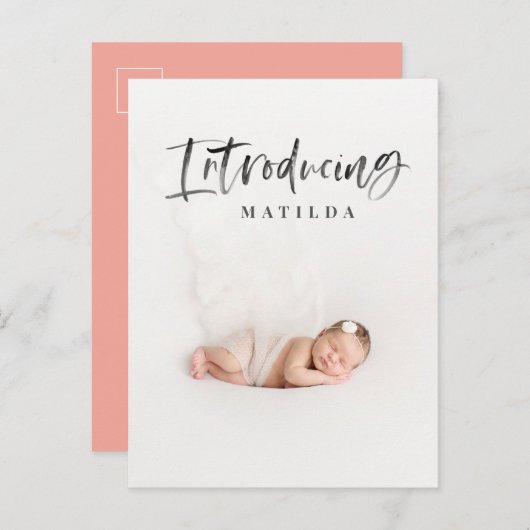 水彩スクリプト文字写真の誕生発表 案内ポストカード (正面/裏面)