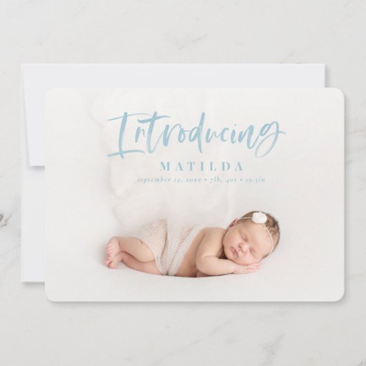 水彩スクリプト文字写真の誕生発表 案内状 (正面)