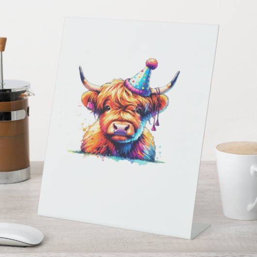 水彩スコティッシュハイランドコーウ誕生日エッセンシア 台座サイン (インサイチュ)