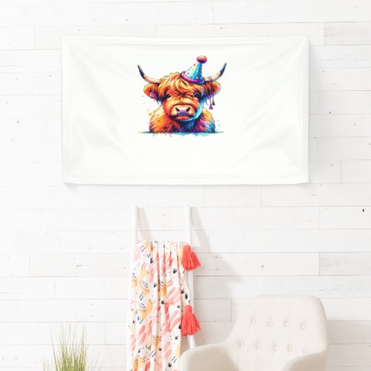 水彩スコティッシュハイランドコーウ誕生日エッセンシア 横断幕 (インサイチュ)