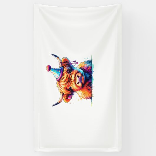 水彩スコティッシュハイランドコーウ誕生日エッセンシア 横断幕 (縦)