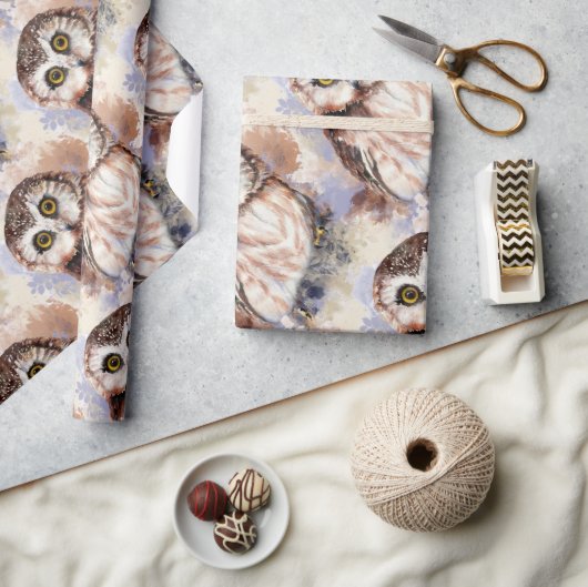 水彩スタイルかわいい小さなフクロウ鳥の自然アート ラッピングペーパー (クラフト)