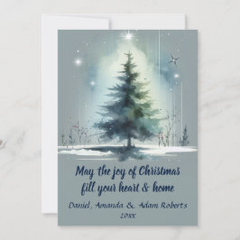 水彩スタイルの木　中くらいの青い背景にて シーズンカード