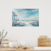 水彩スタイルイラストレーションビーチハウス ポスター (キッチン)