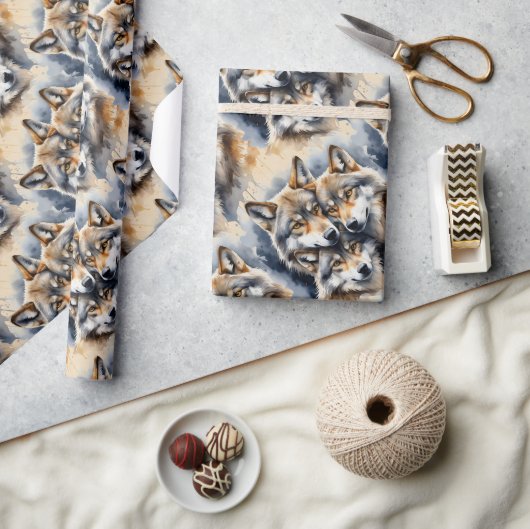 水彩スタイルウルフウルフアニマルファミリーアート ラッピングペーパー (クラフト)