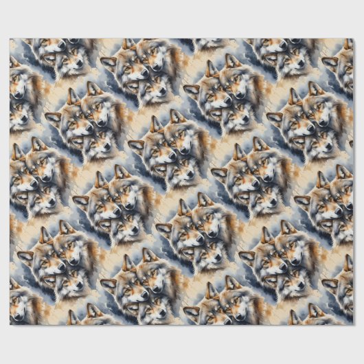 水彩スタイルウルフウルフアニマルファミリーアート ラッピングペーパー (フラット)