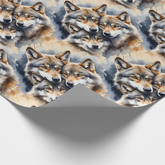 水彩スタイルウルフウルフアニマルファミリーアート ラッピングペーパー (角)