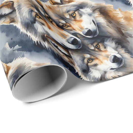 水彩スタイルウルフウルフアニマルファミリーアート ラッピングペーパー (ロールコーナー)