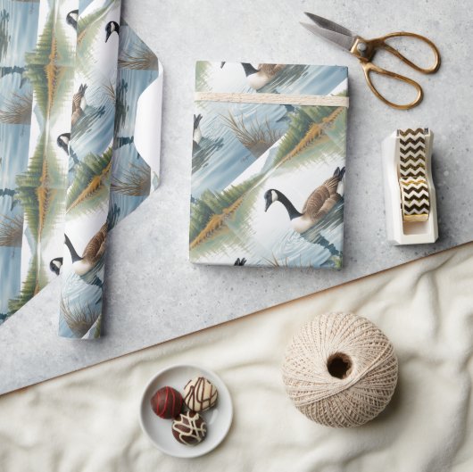 水彩スタイルカナダグースバードスイミングレイク ラッピングペーパー (クラフト)