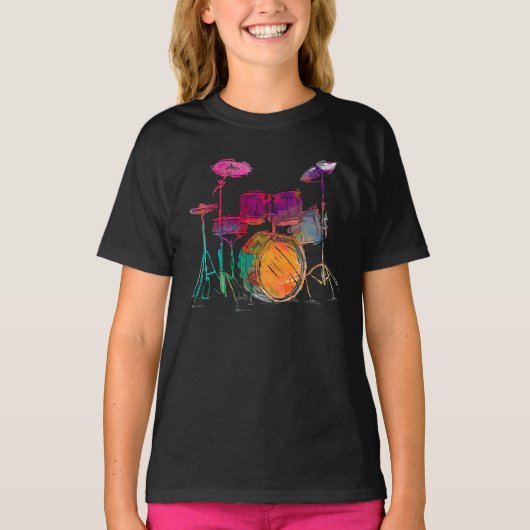 水彩スタイルドラムセット太鼓 Tシャツ (正面)