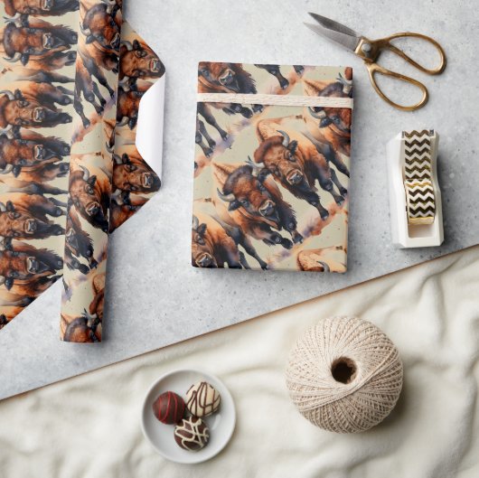 水彩スタイルバイソンバッファローアニマルパターンアート ラッピングペーパー (クラフト)