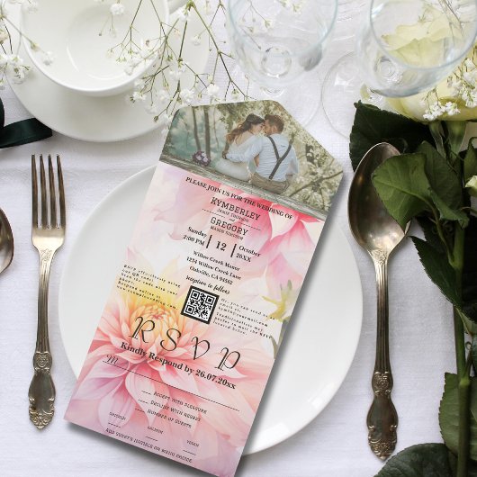 水彩スタイルピンクダリアフローラQRコード写真 オールインワン招待状