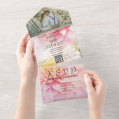 水彩スタイルピンクダリアフローラQRコード写真 オールインワン招待状 (貼ってはがせる)