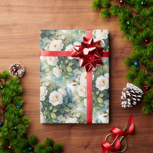 水彩スタイルホワイトローズガーデンフラワー ラッピングペーパー (クリスマスギフト)