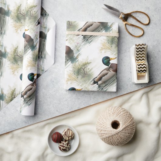 水彩スタイルマラードダックバードスイミングレイク ラッピングペーパー (クラフト)