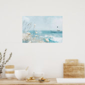 水彩スタイル海岸景観と灯台 ポスター (キッチン)