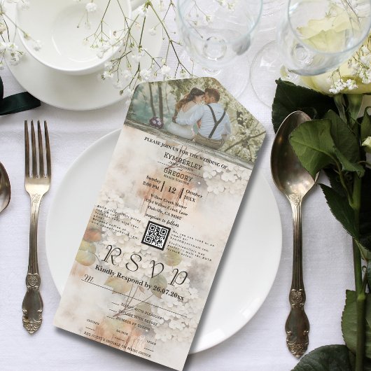 水彩スタイル白紫陽花QRコード写真 オールインワン招待状